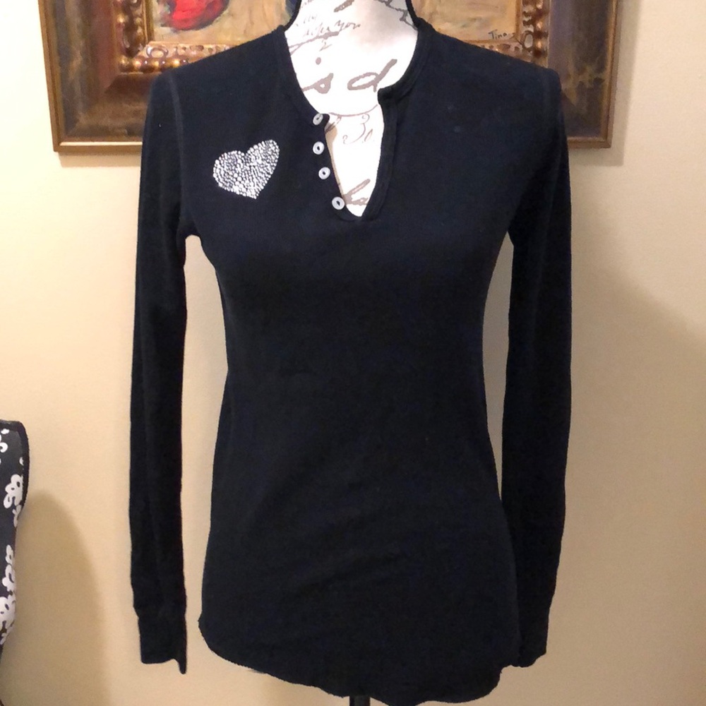 💔 Heartache Henley Crystal Heart embellished front and back long sleeve top